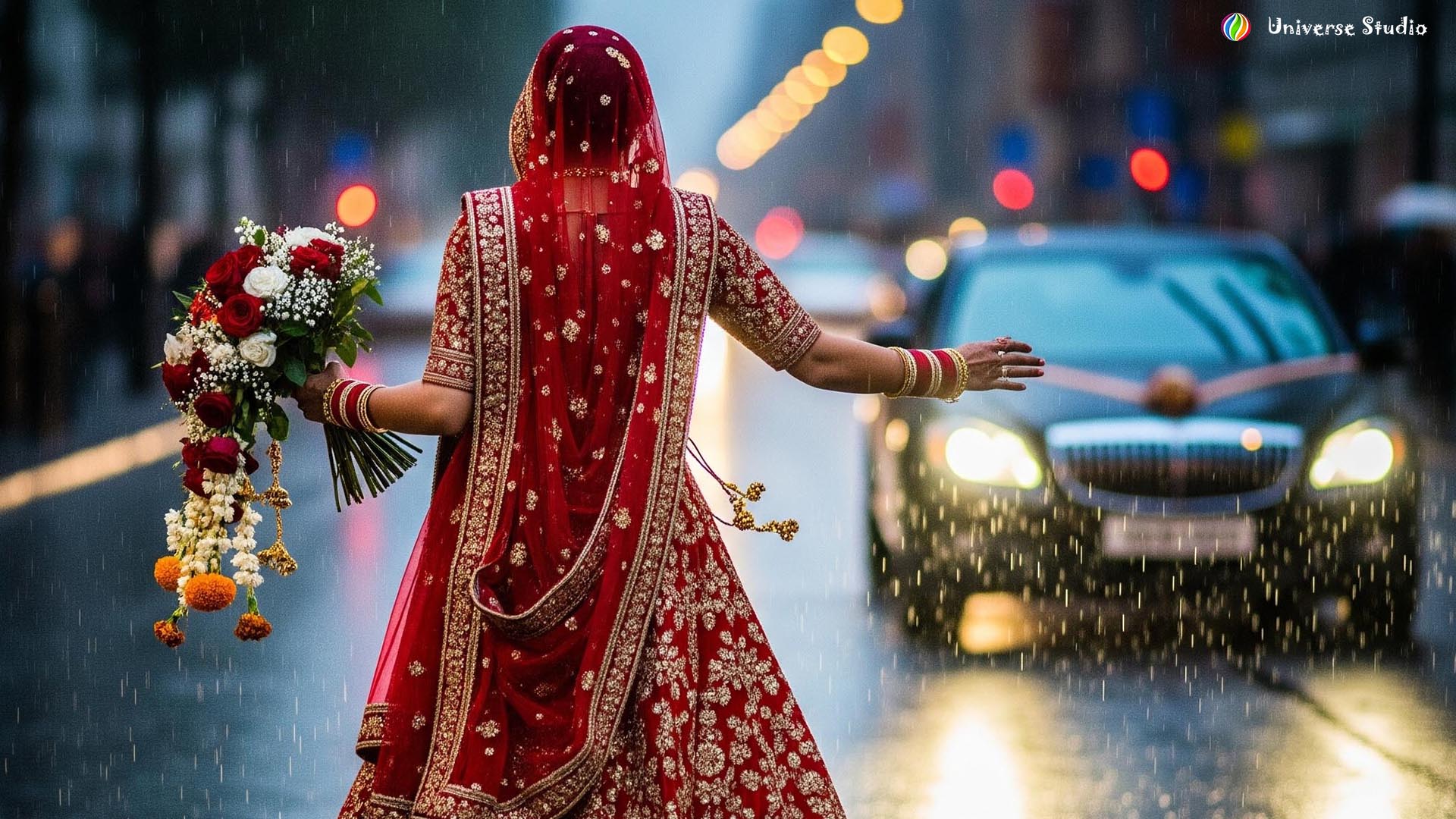 Bride in red lehenga holding a bouquet during a rainy wedding photography in Jaunpur