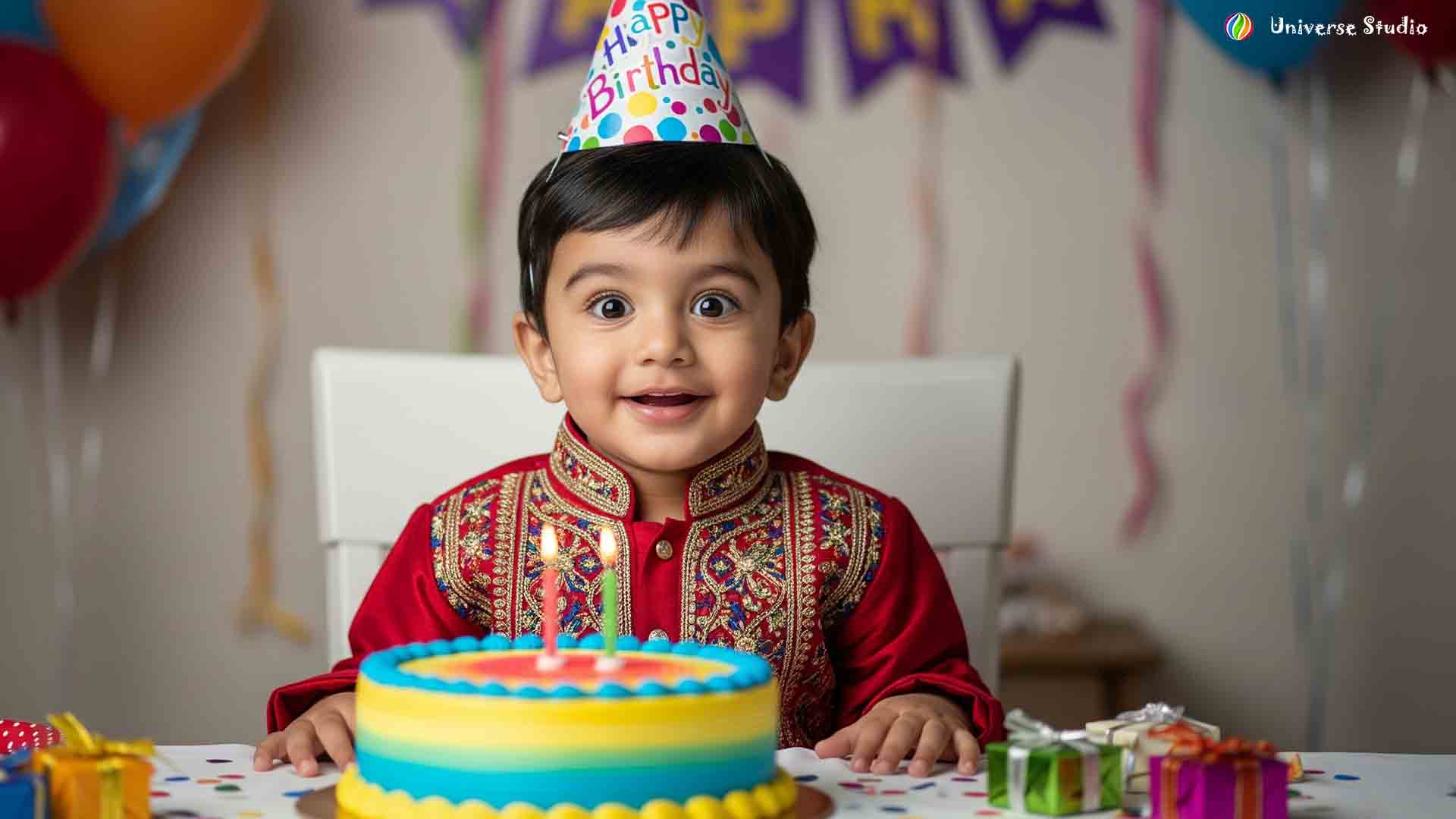 Child smiling while cutting birthday cake in Maunath Bhanjan